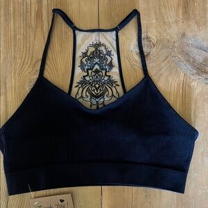 Black Strappy Bralette with Embroidered Mesh